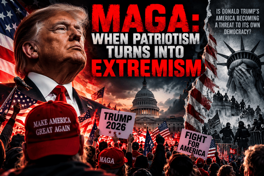 Plakat mit dem Titel 'MAGA: Wenn Patriotismus in Extremismus umschlägt', zeigt eine Menschenmenge mit Trump-Hüte und amerikanischen Flaggen, im Hintergrund das Kapitol und die Freiheitsstatue.