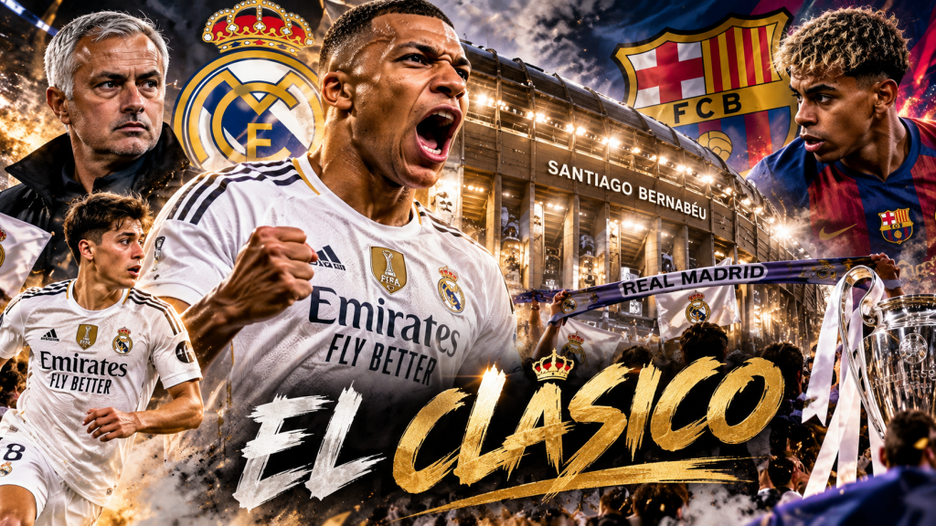 Collage von El Clasico mit Spielern von Real Madrid und FC Barcelona, einschließlich Santiago Bernabéu Stadion und Trophäen.